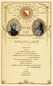39623 Portretten van J. van den Velden en J. Heringa op een menukaart van het diner in het Gebouw voor Kunsten en ...